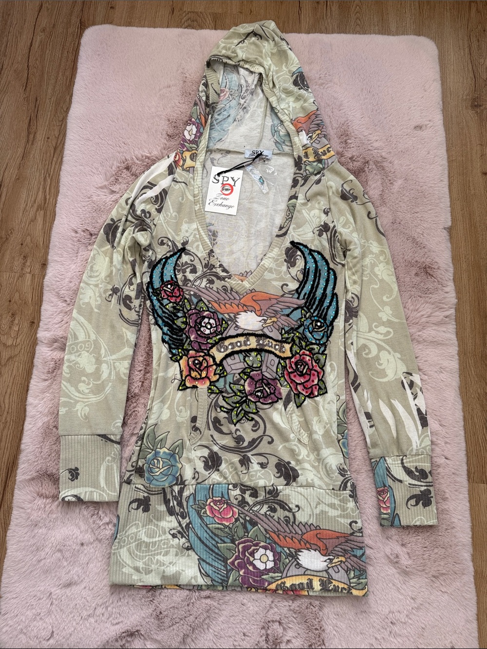 Y2K /Fairy Grunge Beige Floral Graphic Hooded Tunic